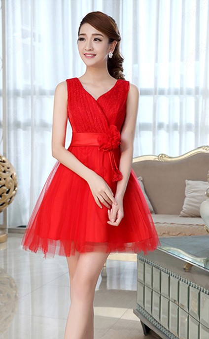 Fashion V Neck Sleeveless Knee Length Red Bridesmaid DressLW | Fashion ...