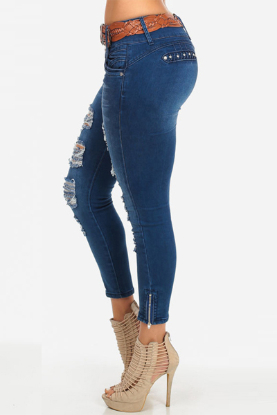 Trendy High Waist Broken Holes Blue Denim Skinny Jeans Without Belt Lw