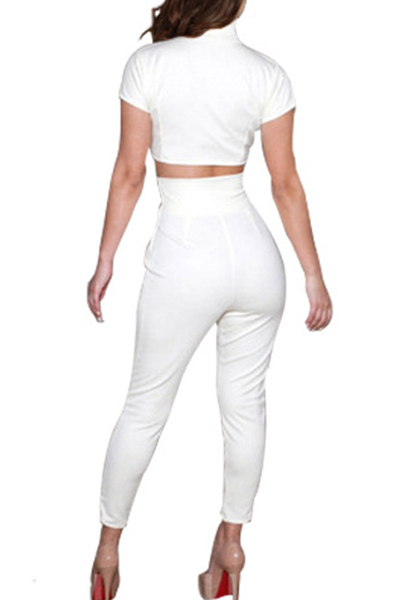 Charismatic Round Neck Short Sleeves V Shaped Hollow Out White Polyester Two Piece Pants Setlw 