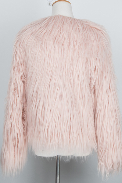 Trendy Long Sleeves Flesh Pink Faux Fur Coat