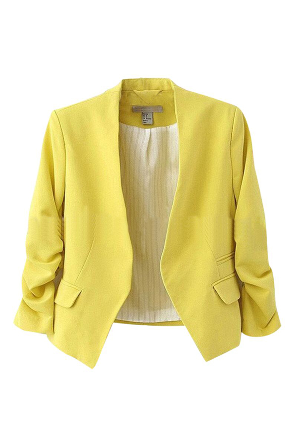 Stylish V Neck Long Sleeves Yellow Cotton Blends S