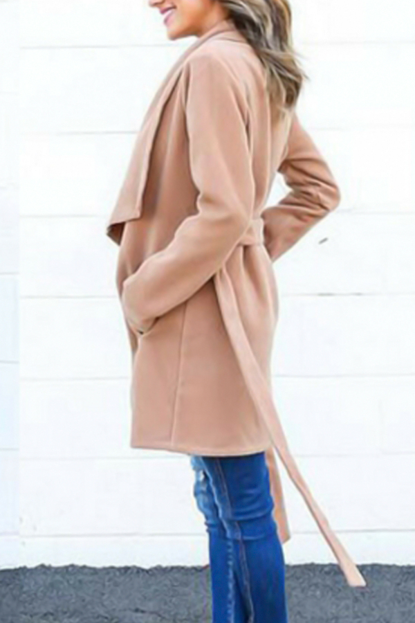 Trendy Turndown Collar Lace-up Light Tan Wool Coat