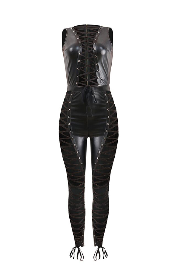 Lovely Sexy Lace Up Hollow Out Black Leather One Piece Jumpsuitslw Fashion Online For Women 0398