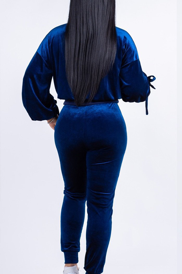 Lovely Casual Laceup Blue Velvet Twopiece Pants SetLW Fashion