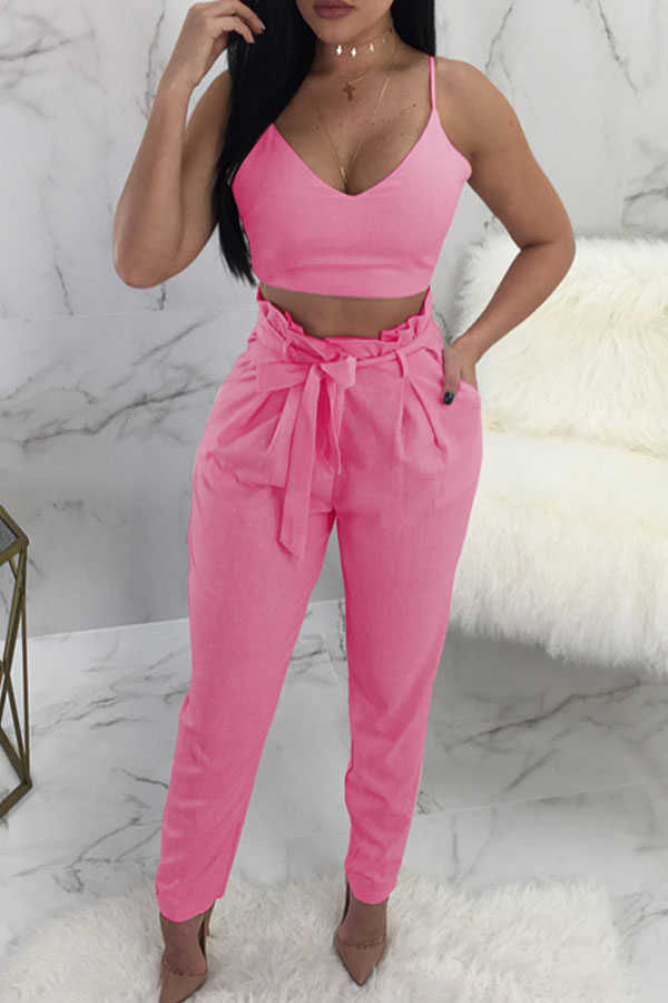 Lovely Chic Lace Up Pink Two Piece Pants Setlw Fashion Online For Women Affordable Women S