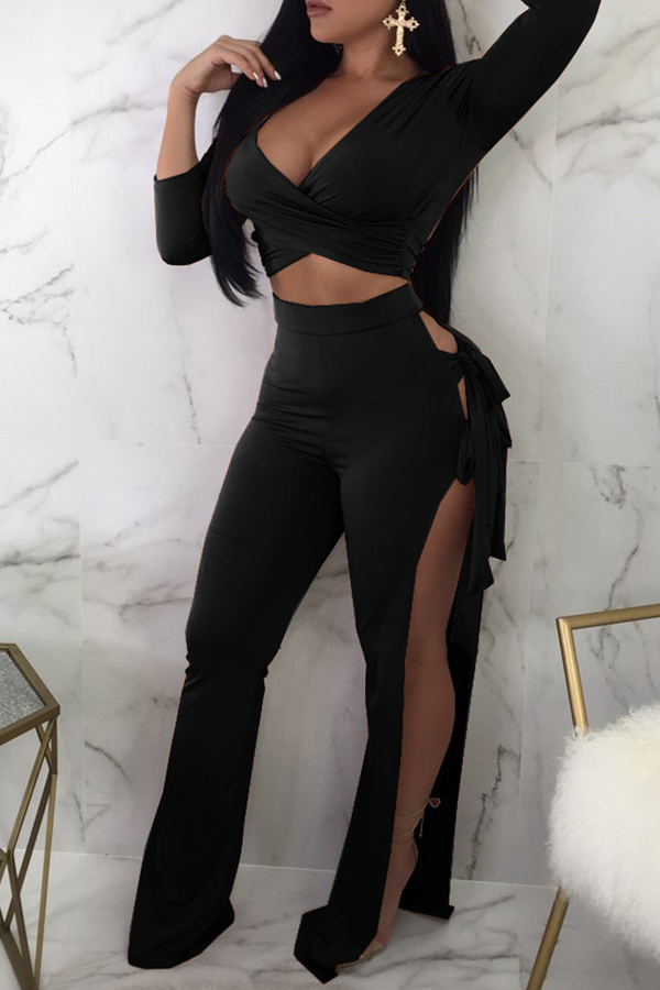 Lovely Sexy V Neck Side Split Black Twopiece Pants SetLW Fashion