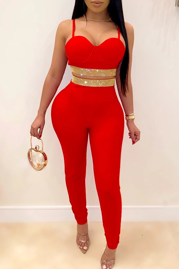 red two piece pants set