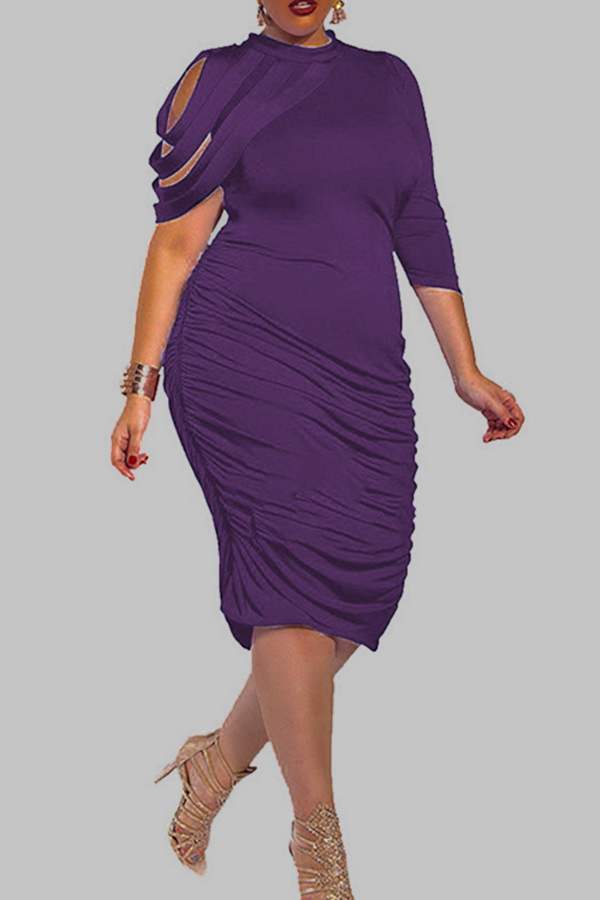 Lovely Trendy Ruffle Design Purple Knee Length Plus Size DressLW