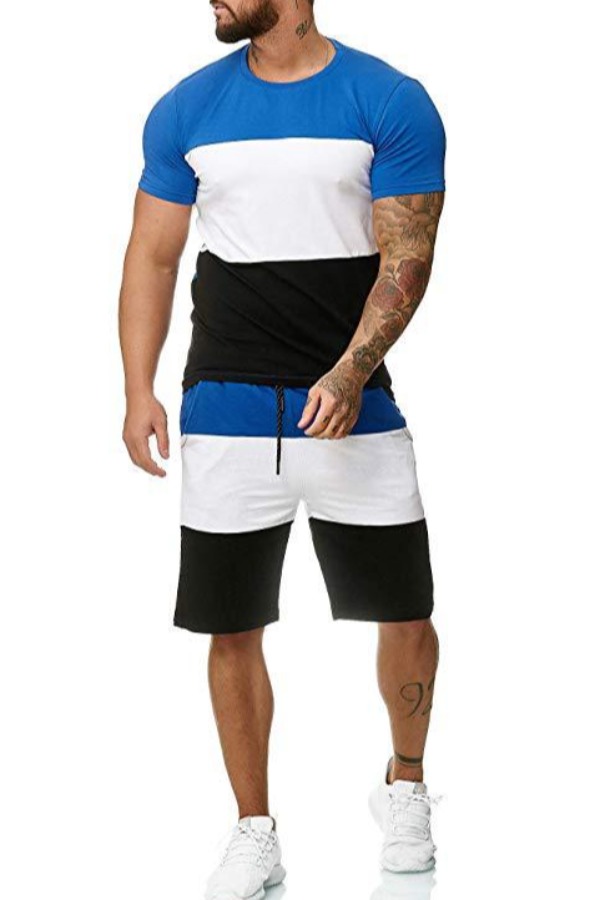 Men Lovely Casual Patchwork Blue Two-piece Shorts SetLW | Fashion ...
