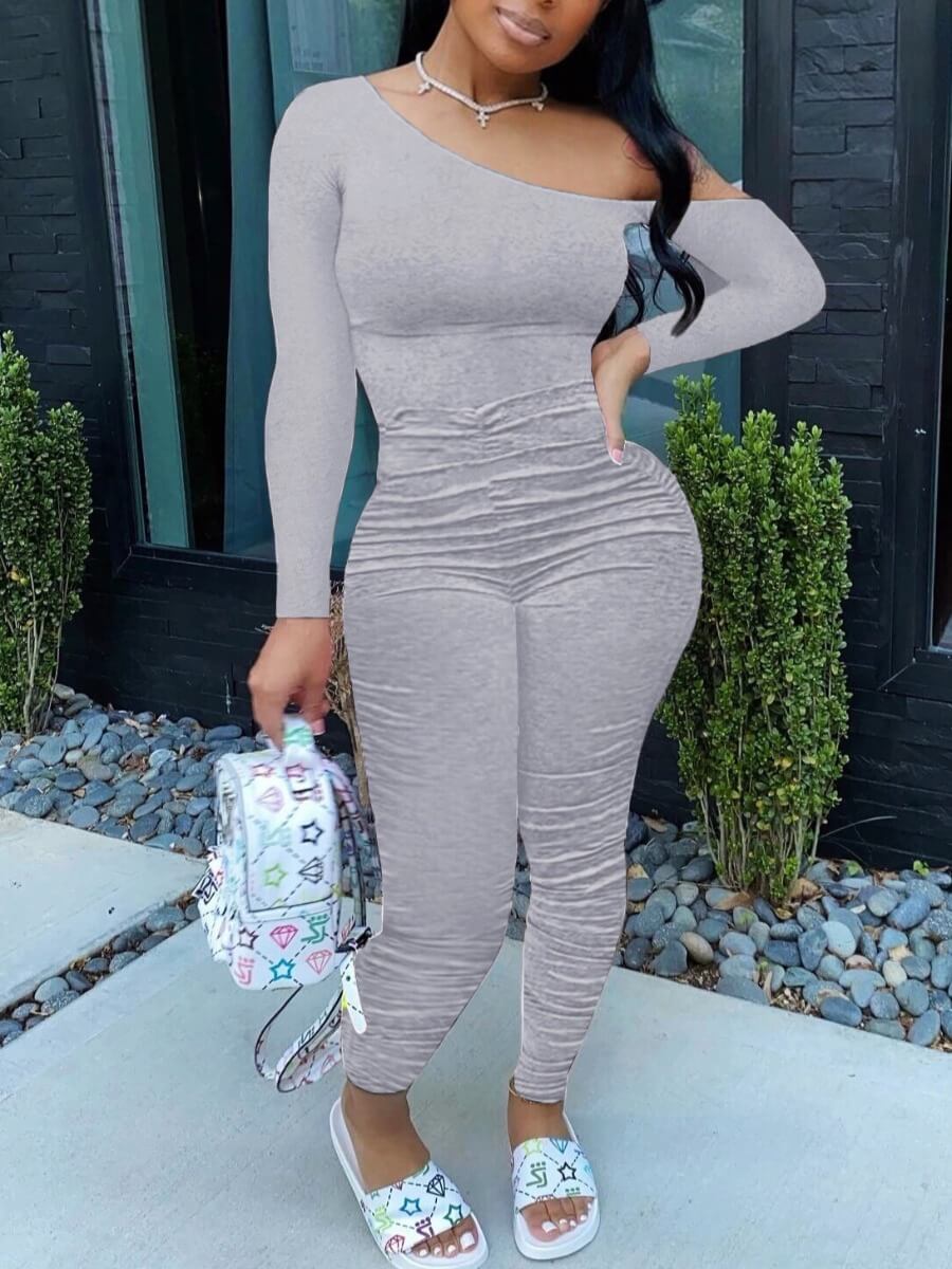 Lovely Sexy Fold Design Skinny Grey One-piece JumpsuitLW | Fashion ...