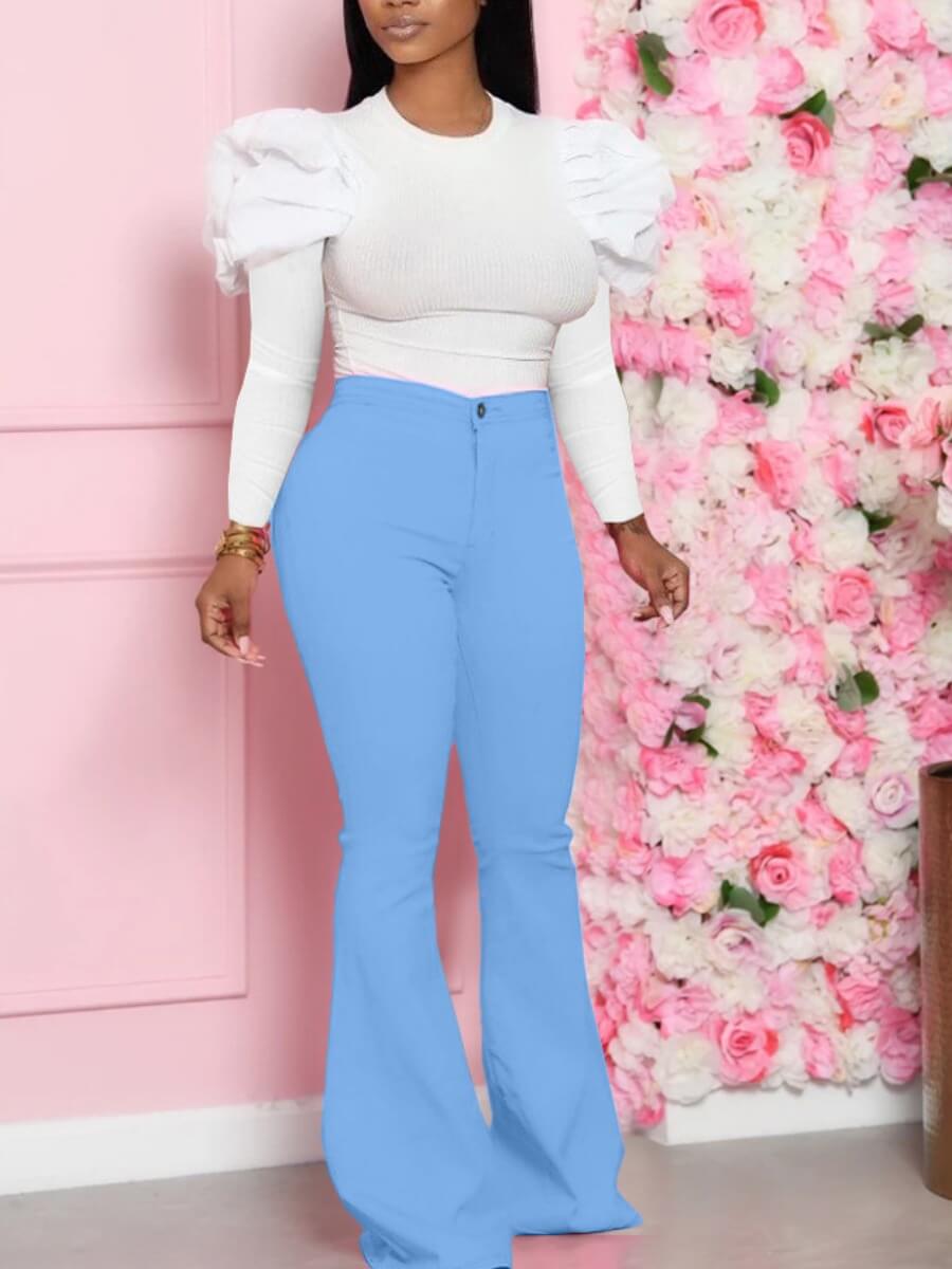 Lovely Sweet O Neck Flared Baby Blue Two Piece Pants SetLW Fashion