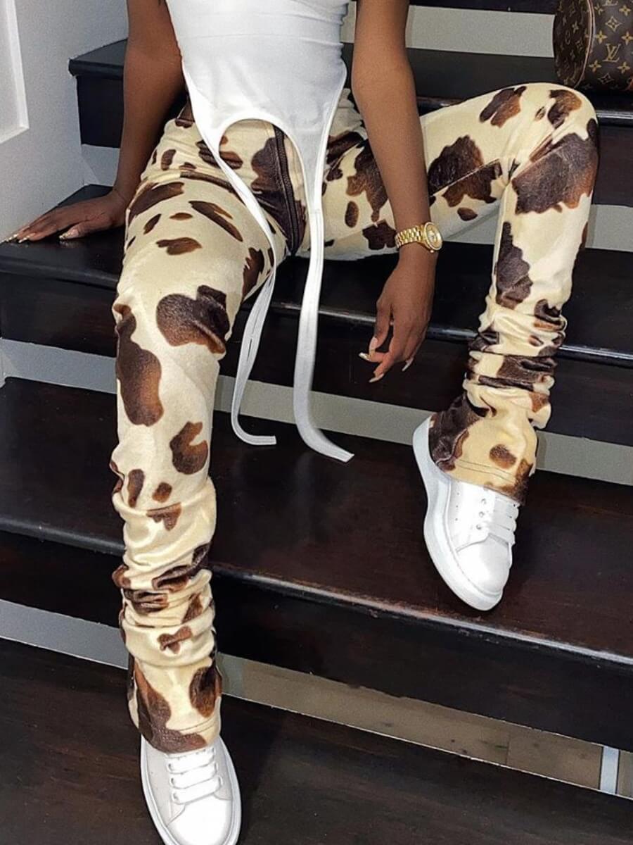 cow print stacked pants