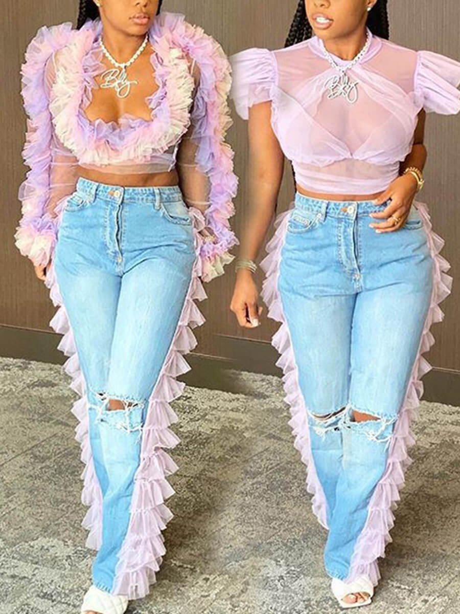 Lovely Stylish Patchwork Layered Cascading Ruffle Pink JeansLW ...