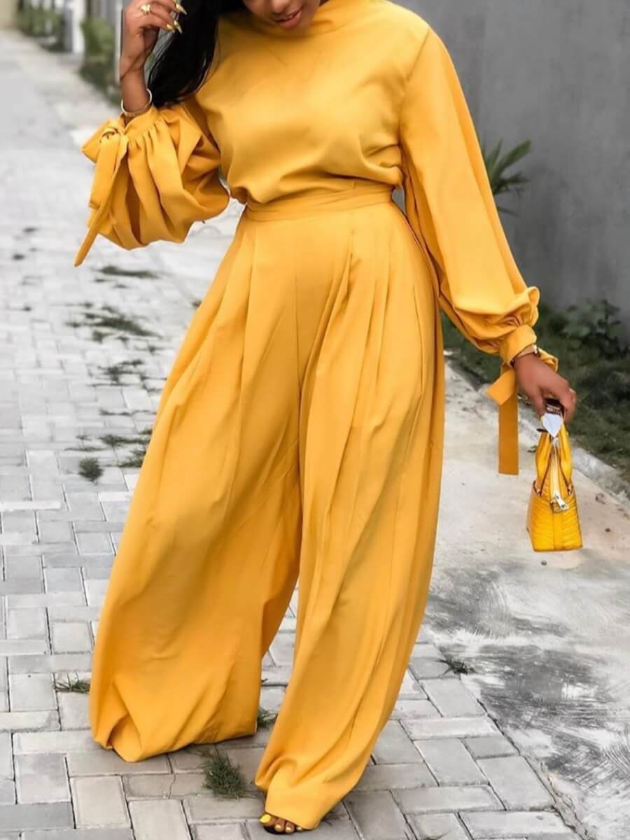 Lovely Casual O Neck Lace-up Loose Yellow Two Piece Pants SetLW ...
