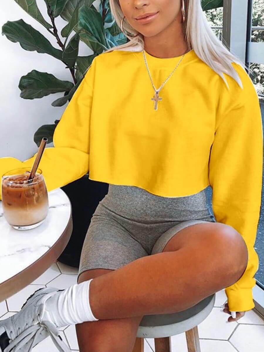 Lovely Casual O Neck Crop Top Yellow HoodieLW Fashion Online For