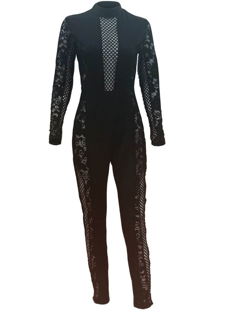 Lovely Sexy Floral Mesh Patchwork Black Onepiece JumpsuitLW Fashion