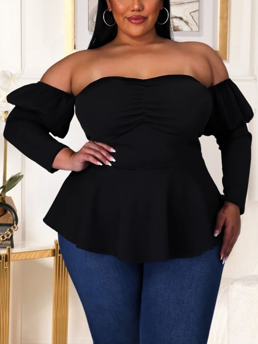 Lovely Casual Off The Shoulder Fold Design Black Plus Size BlouseLW ...