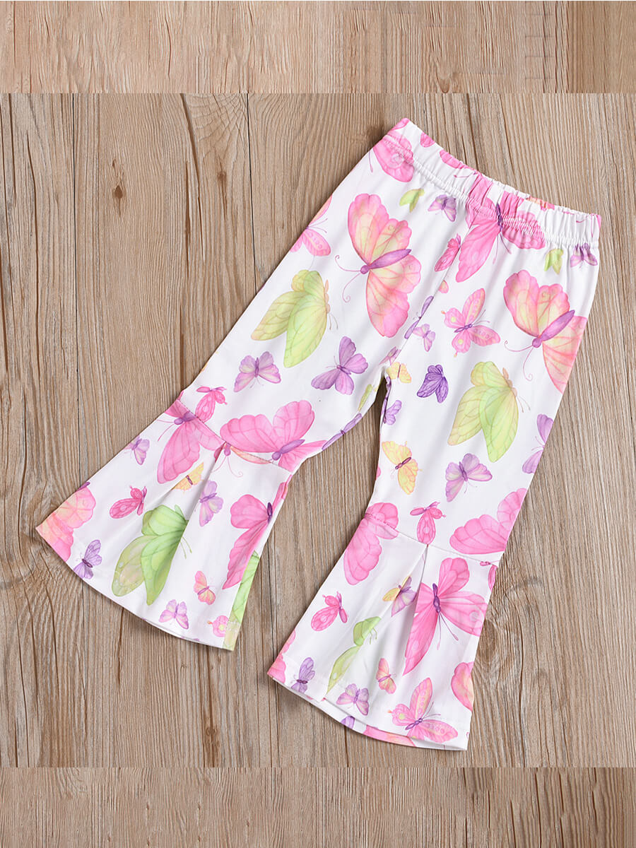 Lovely Casual Flared Butterfly Print Pink Girl Two Piece Pants ...