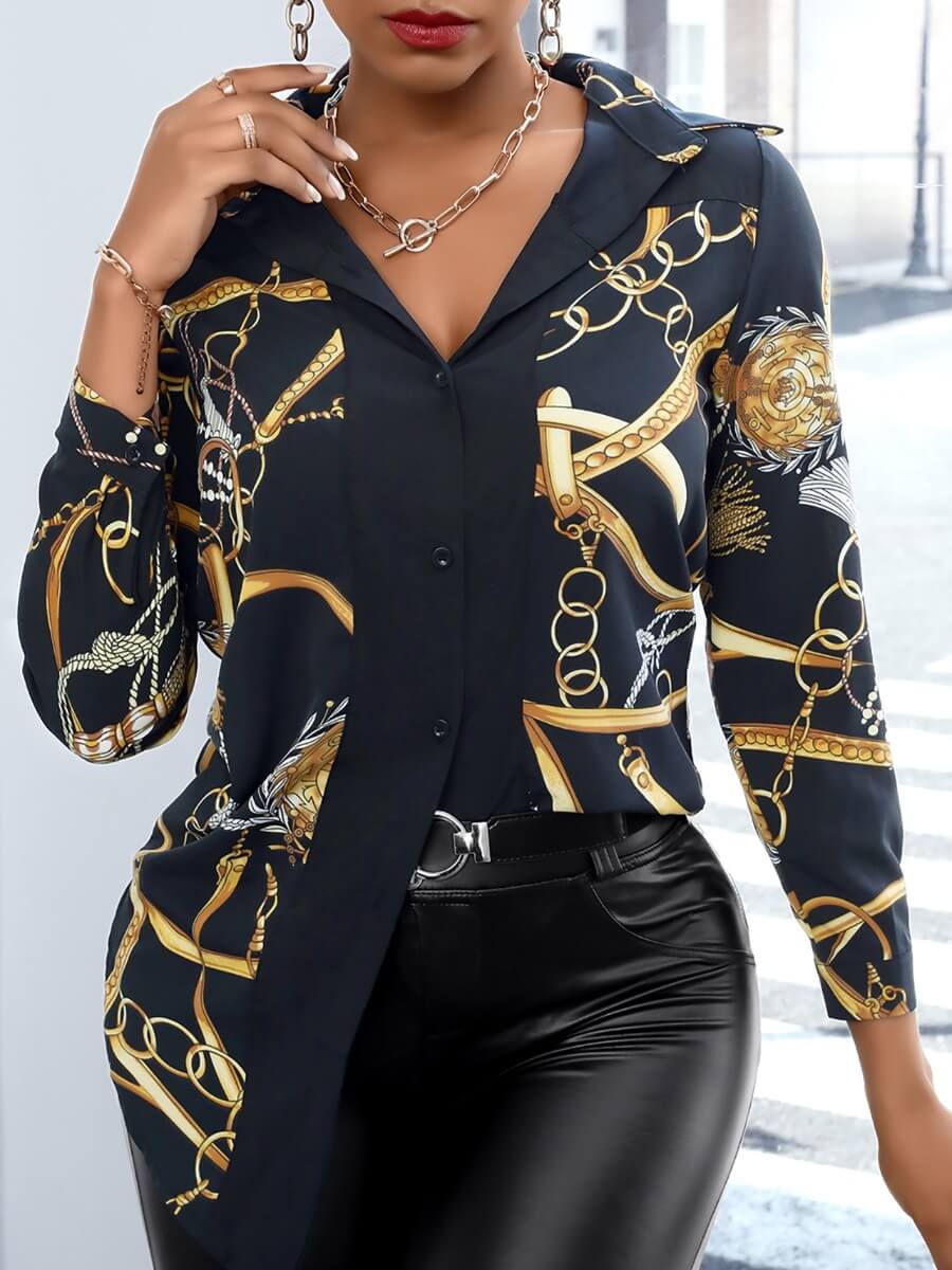 Lovely Vintage Shirt Collar Print Black BlouseLW | Fashion Online For ...