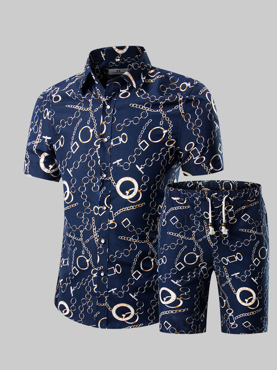 Lovely Men Stylish Chain Print Drawstring Navy Blue Two Piece Shorts ...